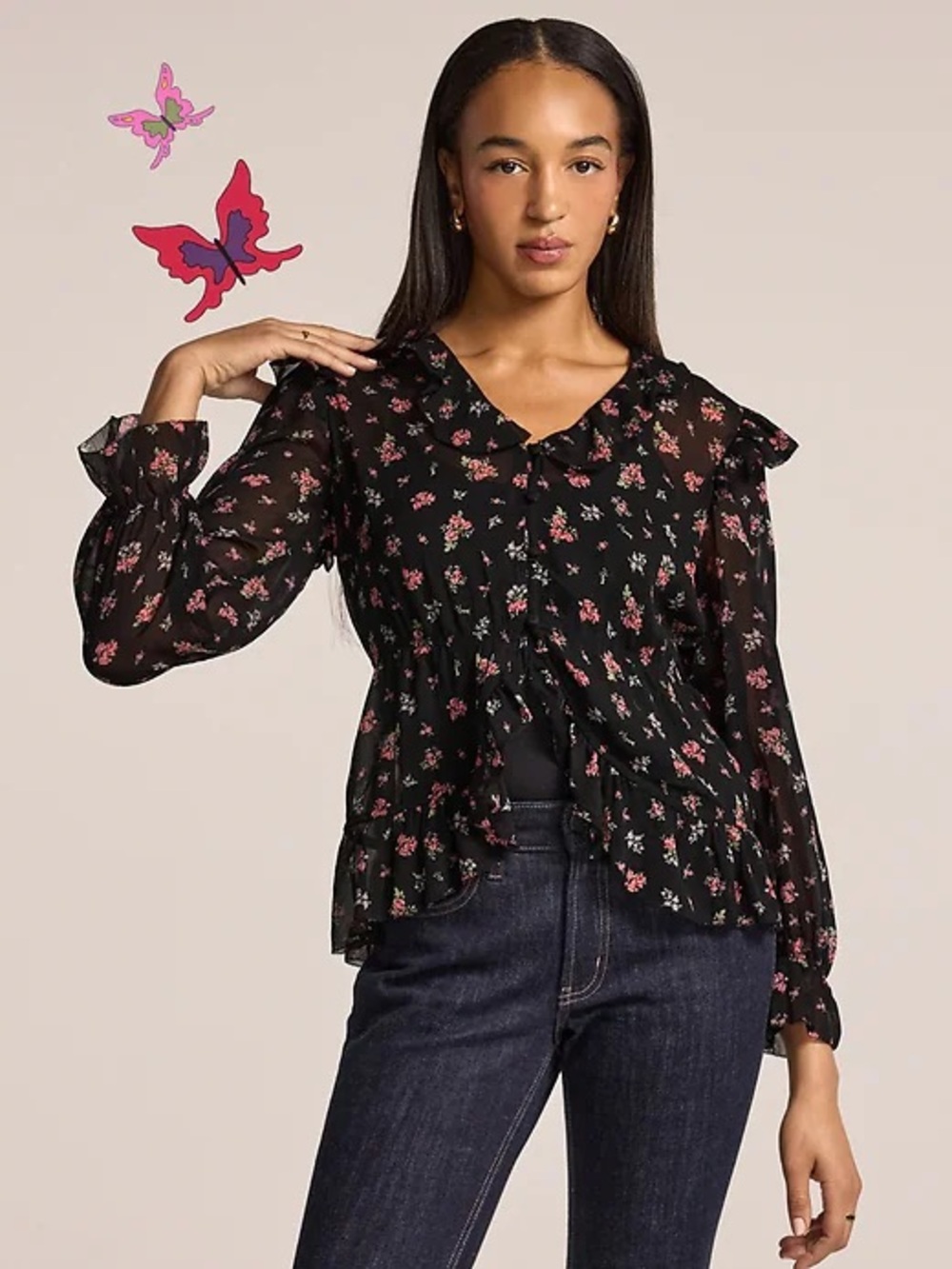 Anna Sui Black Sheer Floral Peplum Blouse with Pink Flowers
